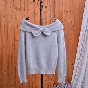 甜美性感一字肩兔毛蝴蝶结设计感修身长袖针织衫上衣露肩毛衣女