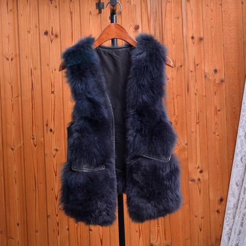 气质藏青色狐狸毛马甲女无袖宽松显瘦百搭皮草坎肩外套秋冬款