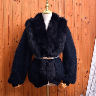 重磅黑色貉子毛毛领马海毛外套女保暖气质名媛复古港风开衫毛衣