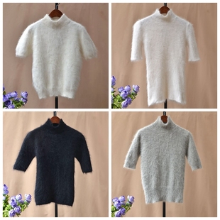 新品黑白系安哥拉毛绒绒兔毛兔绒中袖五分袖立领中高领短袖毛衣女