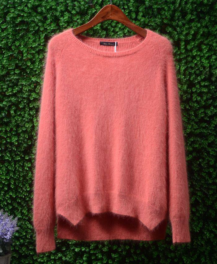 兔绒桔红色圆领长袖保暖薄款毛衣