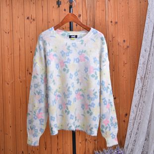 春秋宽松圆领软糯温柔风马海毛碎花针织衫女撞色印花套头毛衣上衣