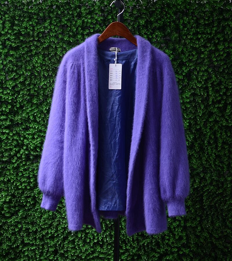 高品质尖货安哥拉兔毛绒日本制紫色无扣厚款套头大衣毛衣女