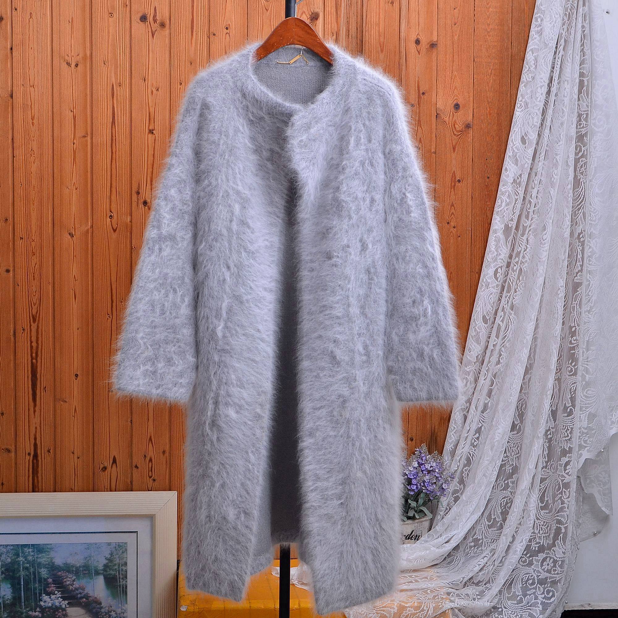 慵懒风浅灰色长兔毛开衫女宽松长款保暖针织气质大衣冬款百搭毛衣