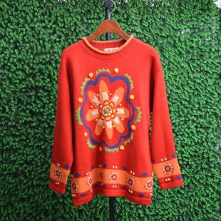 大红色原单复古着羊毛混纺精美刺绣花朵淑女气质套头长款圆领毛衣