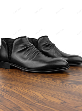 英伦风切尔西靴男冬季黑色真皮短靴套脚褶皱面设计感商务休闲靴子