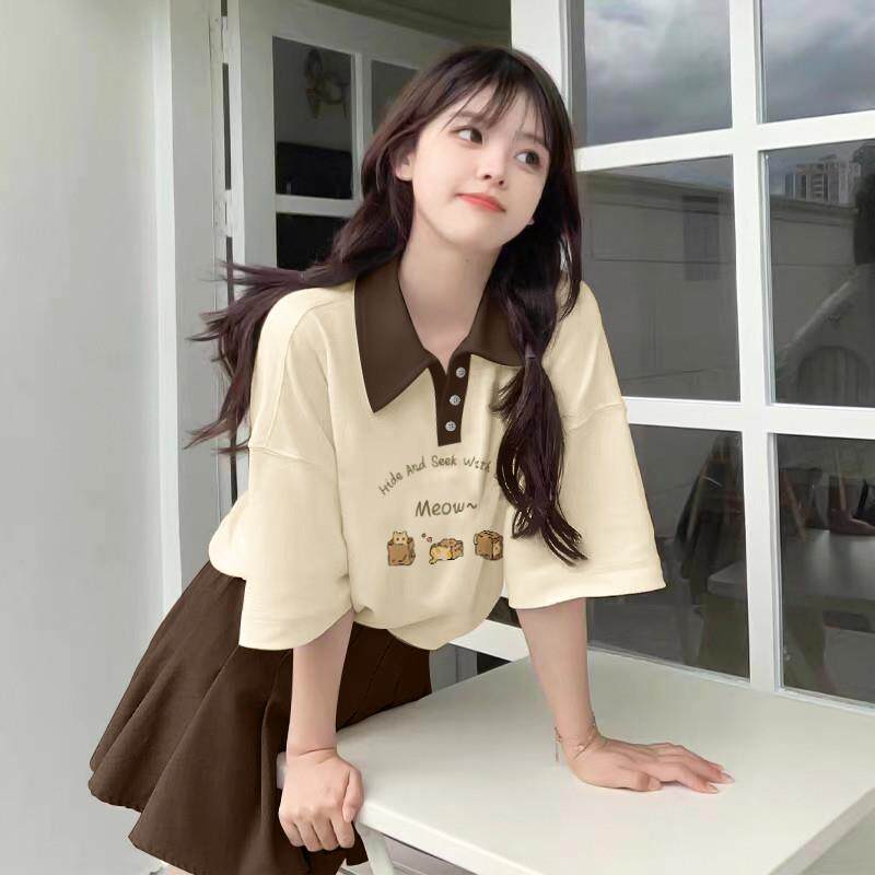 杏色POLO领短袖t恤女夏2025新款正肩半袖美式复古初中学生上衣服