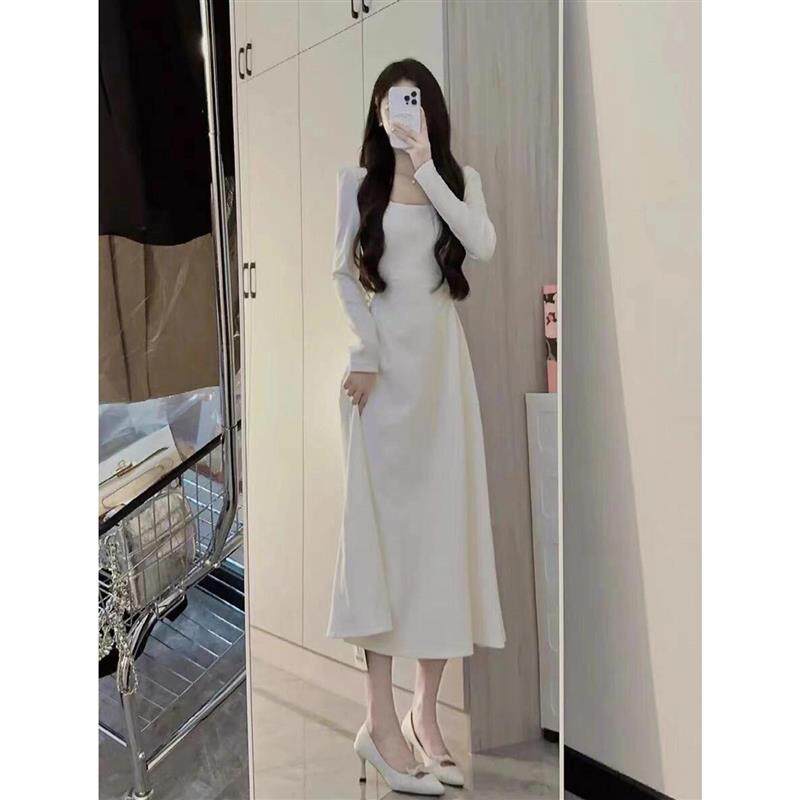 白色长袖连衣裙女收腰秋季小个子毕业方领小白裙生日裙子高级感
