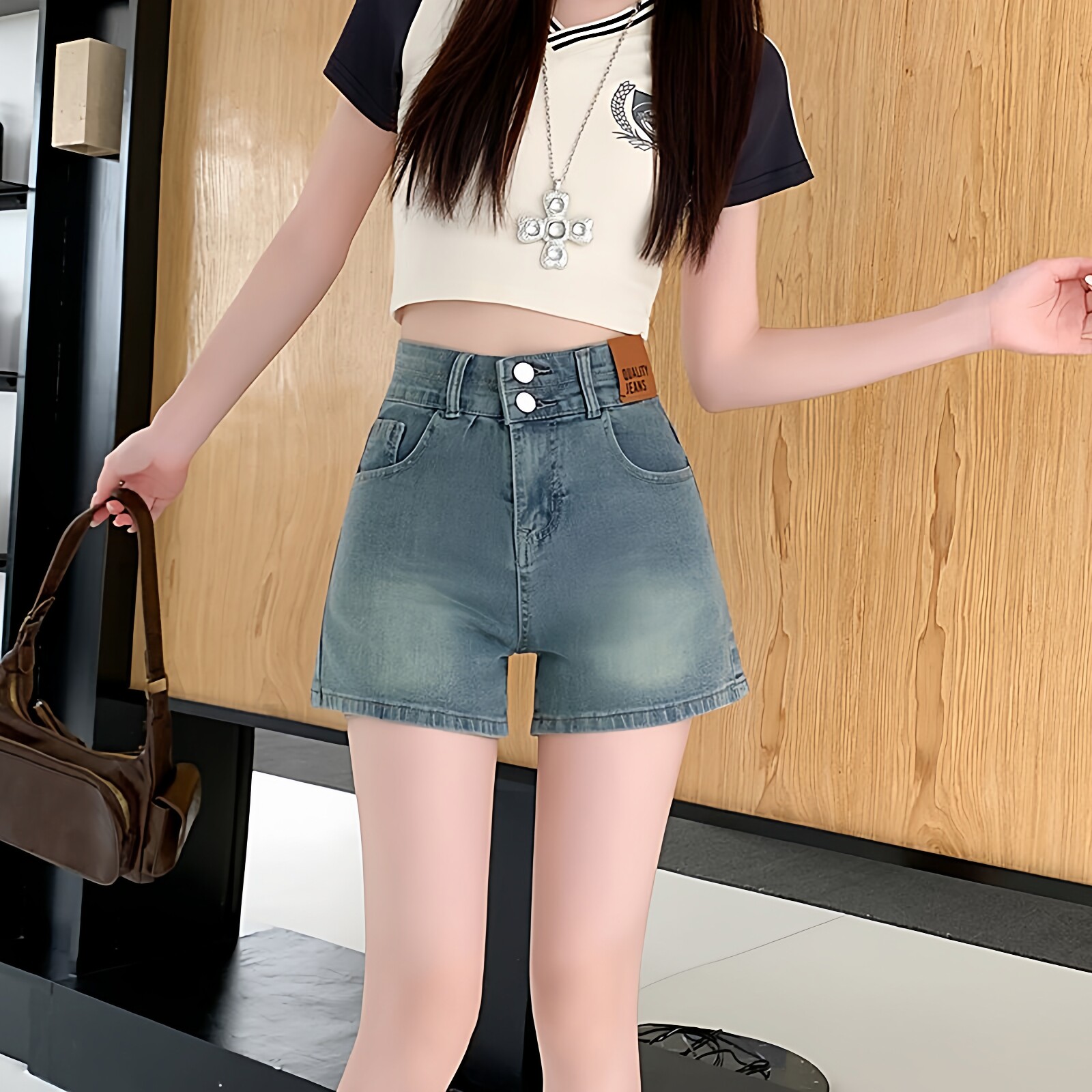 百搭复古弹力牛仔短裤女高腰夏季新款显瘦梨型身材a字热裤子女