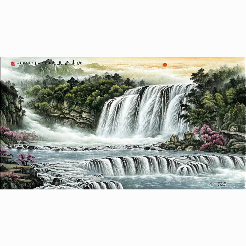 中国画字画绢布山水画办公室风水壁画墙面画大瀑布聚宝盆源远流长