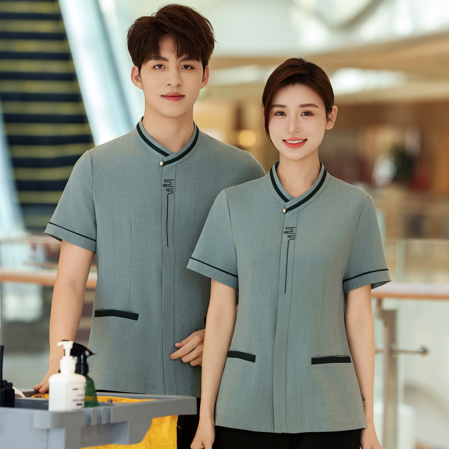 酒店客房服务员保洁工作服短袖夏季立领撞色高端工装酒店制服套装