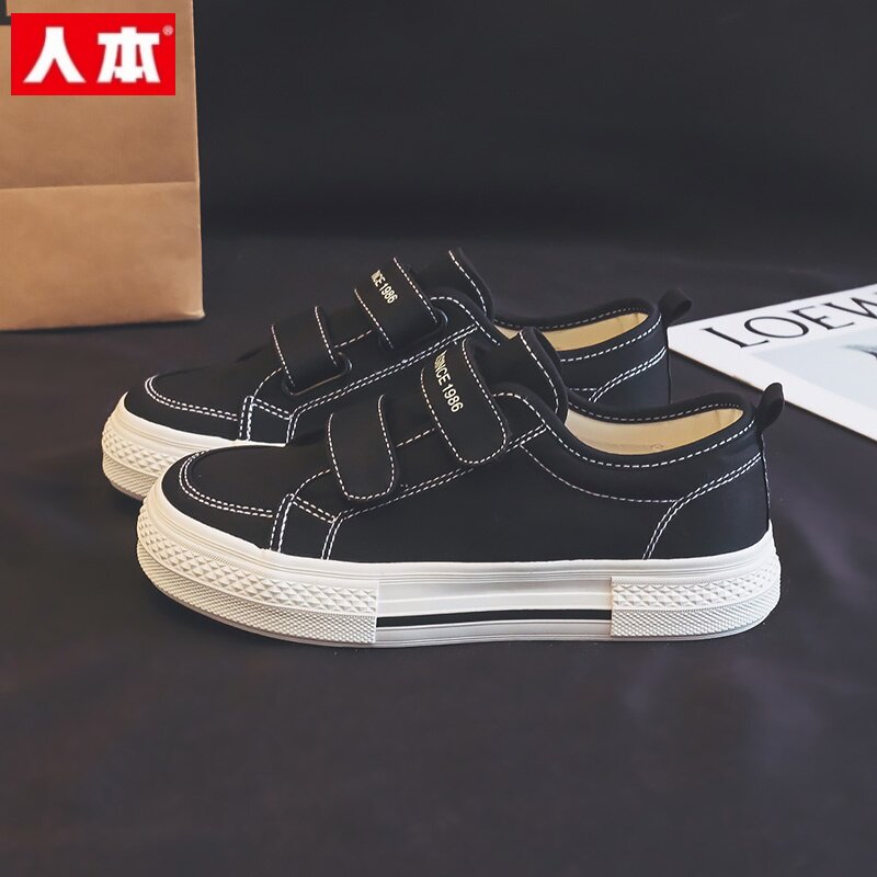 人本魔术贴女大童12学生板鞋15韩版休闲透气懒人帆布鞋运动鞋13岁