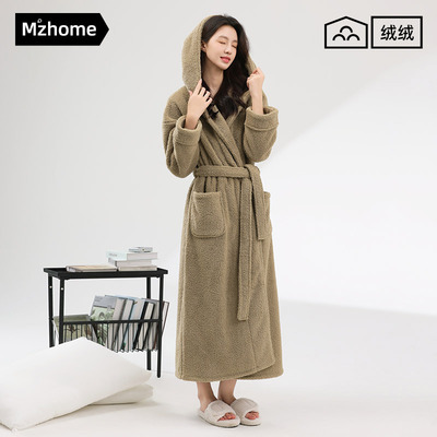 新款半边绒睡袍女秋冬季珊瑚绒浴袍长袍睡衣加长款浴衣加厚冬天