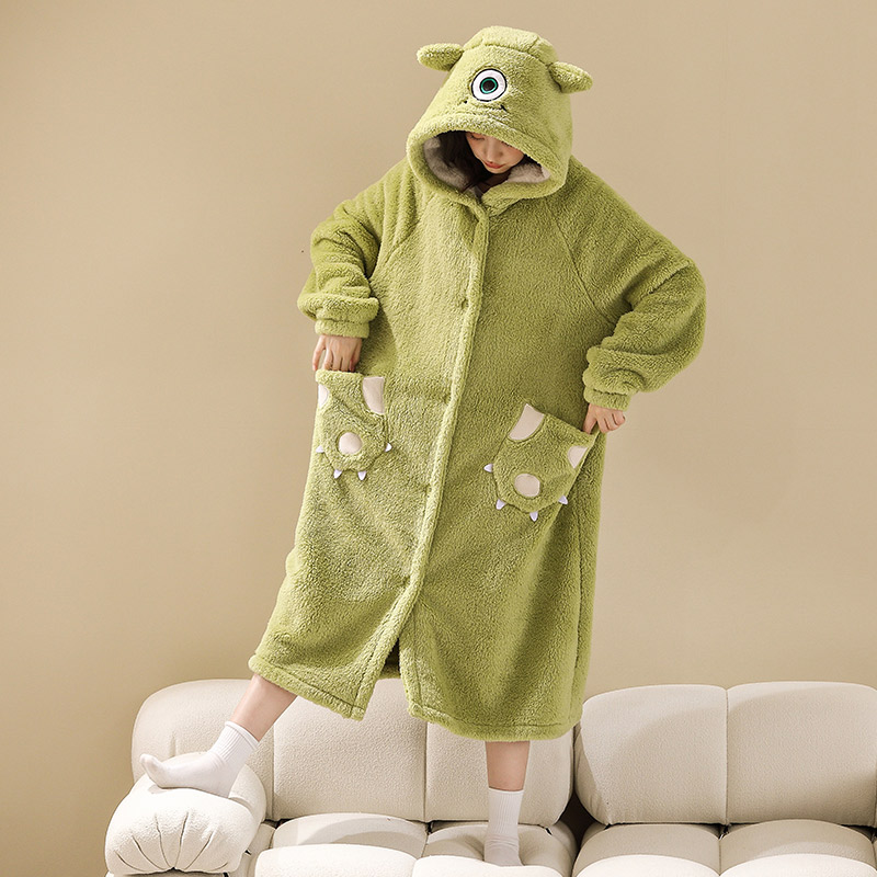 睡袍女秋冬加绒加厚珊瑚绒睡衣冬季法兰绒浴袍加长款家居服可外穿