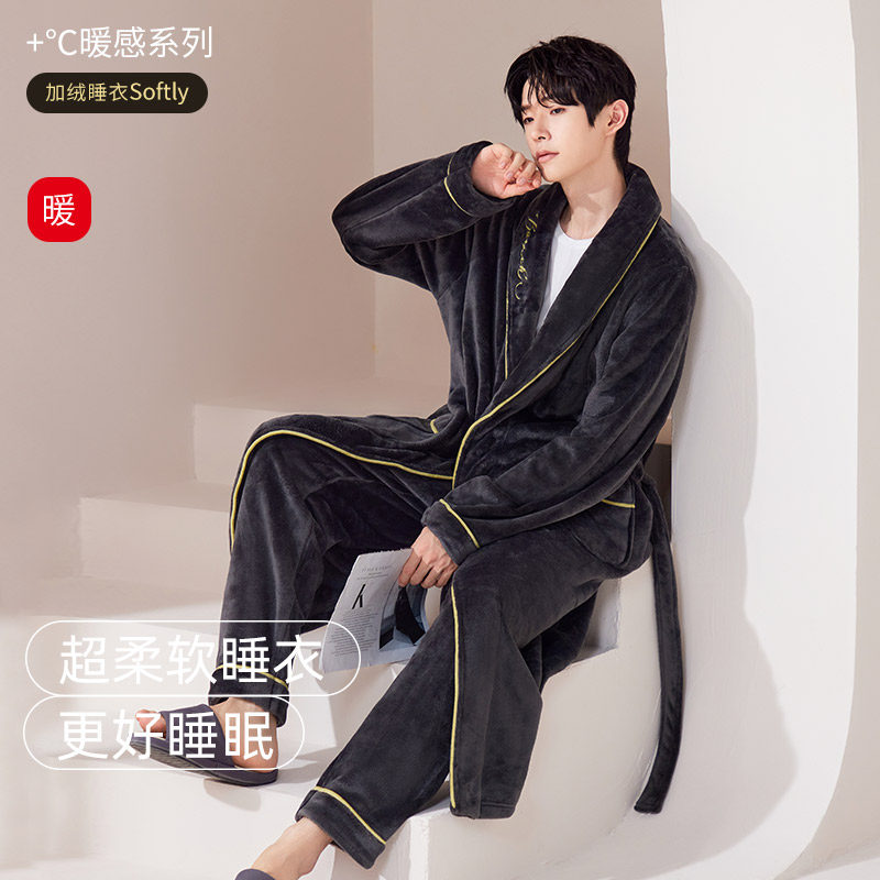 睡袍男秋冬新款冬季珊瑚绒睡衣加厚款加绒保暖男款法兰绒长款浴袍