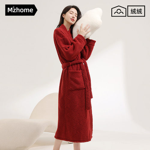 睡袍女秋冬季新款情侣红色新娘结婚睡衣情侣珊瑚绒浴袍女长版晨袍