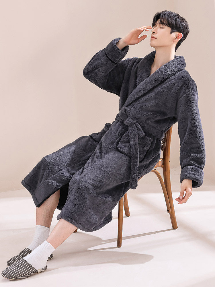 SPRING AND AUTUMN CORAL VELVET NIGHTGOWNS MENS LONG THICKENED VELVET COMFORT COTTON WOOL PAJAMAS WINTER LOUNGEWEAR BATHROBES MORNING ROBES