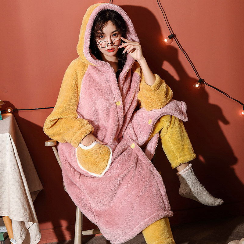 【断货价】睡袍女秋冬季珊瑚绒加绒加厚法兰绒连帽睡衣长款家居服