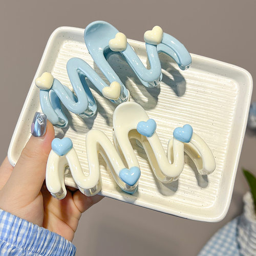 奶油蓝爱心波浪发夹女后脑勺盘发抓夹鲨鱼夹可爱发卡头饰蓝色少女