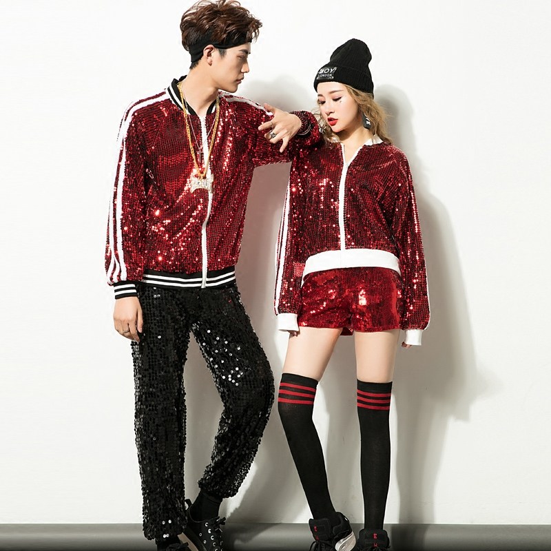 新款DS街舞嘻哈长袖亮片演出服宽松男装现代舞爵士舞蹈外套表演服