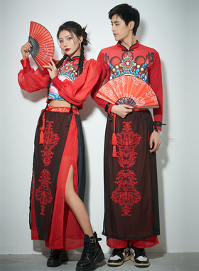 ds演出服中国风男款复古中国风潮组合舞队红色喜庆走秀舞台装女团