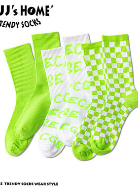 潮流个性绿色袜子男款秋季纯棉荧光绿多巴胺格子中筒袜女潮运动袜