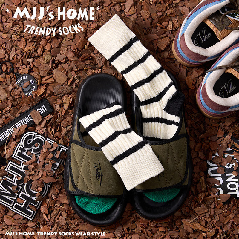 日系复古外穿条纹袜子男款长袜夏季薄款吸汗粗线中筒袜女潮运动袜