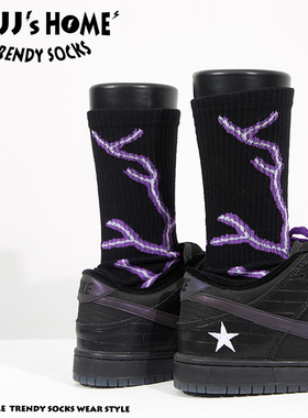 小众潮牌黑紫色闪电袜子男夏季薄款长袜纯棉中筒袜女潮男士运动袜