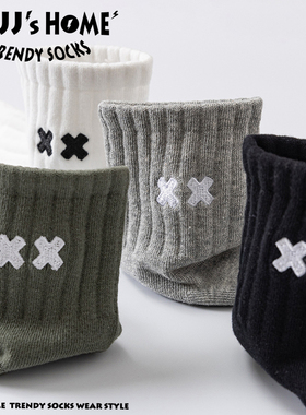 潮牌刺绣XX袜子男款短袜秋季青少年纯棉中筒袜女潮男生短筒运动袜