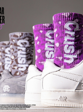 潮牌紫色豹纹字母袜子女款中筒袜秋冬季纯棉潮流长袜男潮运动袜