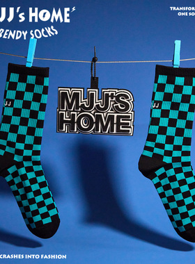 蓝色棋盘格袜子男款长袜秋冬季纯棉街头格子中筒袜女潮男士运动袜