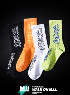 潮牌橙色字母篮球袜子男长袜夏季薄款中筒袜女潮男士纯棉运动潮袜