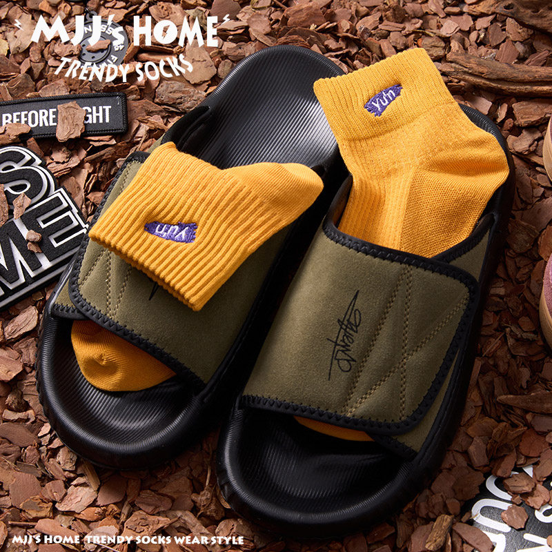 潮牌刺绣黄色袜子男短袜纯棉夏季薄款潮流搭配拖鞋中筒袜女潮运动