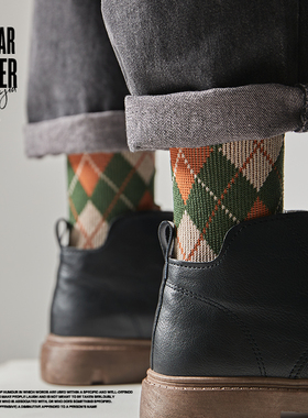 英伦复古格子袜子男款长袜冬季纯棉学院风菱格中筒袜女潮西装男士