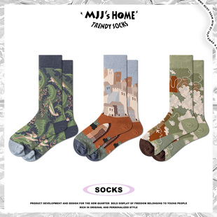 法式油画复古文艺袜子男款长袜秋冬季纯棉中筒袜女潮流男士花袜