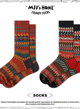 阿美咔叽费尔岛复古红袜子男女款长袜秋冬季纯棉本命年红色中筒袜