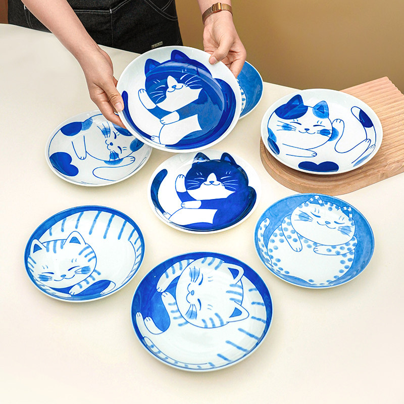 美浓烧日式釉下彩猫咪深盘家用陶瓷套装组合网红可爱碟子浅平餐盘