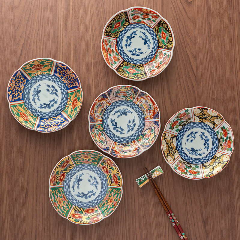 美浓烧日式金彩伊万里花口盘家用6.5英寸深盘进口精美陶瓷餐具