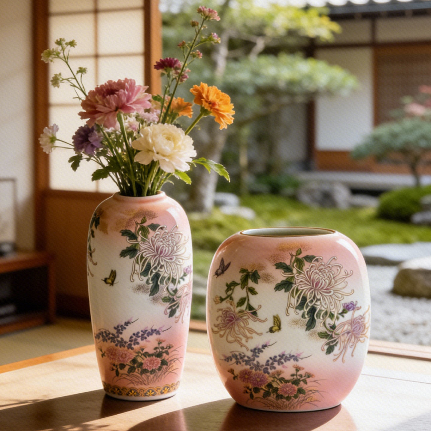 美浓烧夏日金钱菊直筒小花瓶复古陶瓷花瓶插花客厅餐桌装饰品摆件