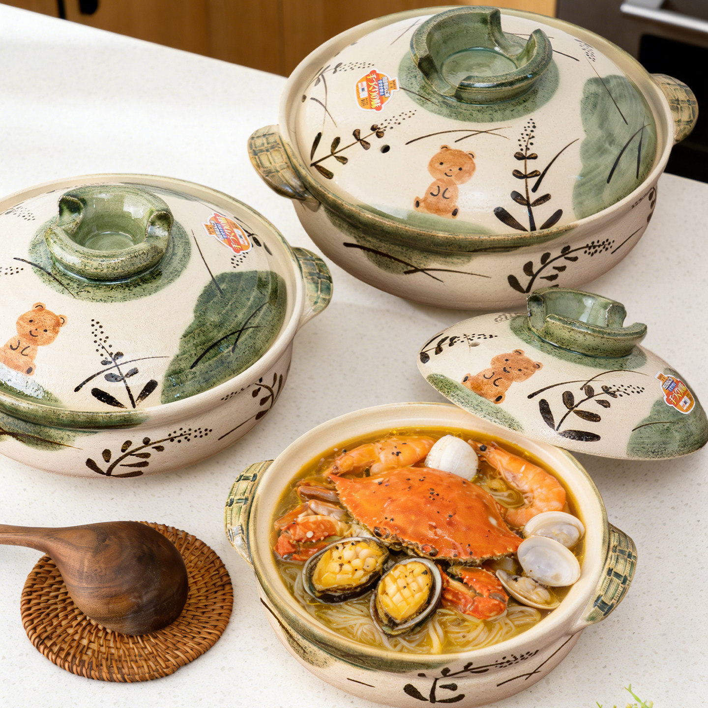万古烧日式进口土锅芦绘熊砂锅家用大容量耐高温陶瓷煲汤锅沙锅