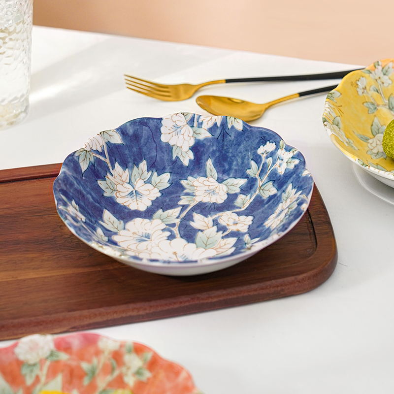 美浓烧木槿花餐盘日式进口安全釉下彩餐具陶瓷盘子家用餐盘