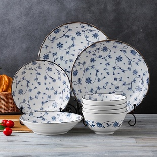 美浓烧日本陶瓷釉下彩餐具套装 碗碗盘 家用青花盘碗盘碟组合中日式