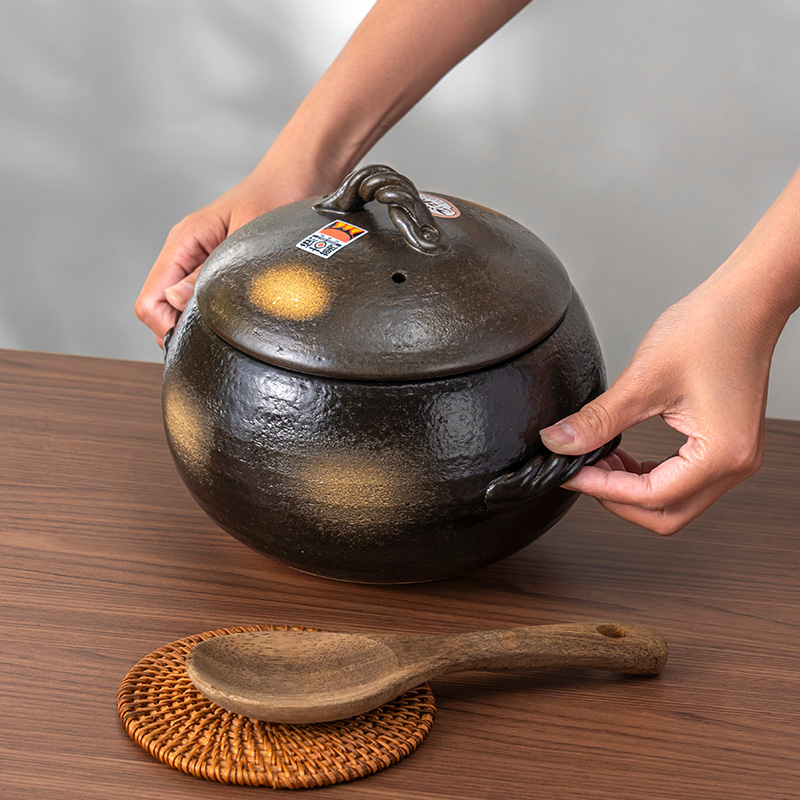 万古烧日本原装进口老式黑釉土锅