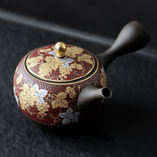 日本进口高档纯手工赤粒手描金彩葡萄纹家用茶具复古老式侧把茶壶