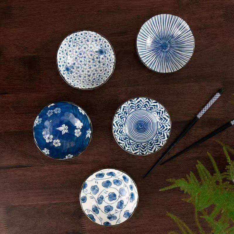 美浓烧进口釉下彩味碟日式古染蓝绘家用陶瓷小吃碟酱汁碟酱碟套装