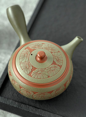 MinoYaki常滑烧陶仙菊雕茶壶