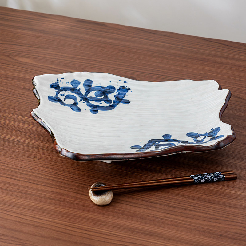 美浓烧日式进口手绘唐草13英寸大盘不规则点心盘菜盘单个釉下餐具