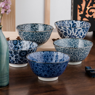 单个釉下彩复古日式 日本进口古染青花饭碗陶瓷家用个性 吃饭碗大号