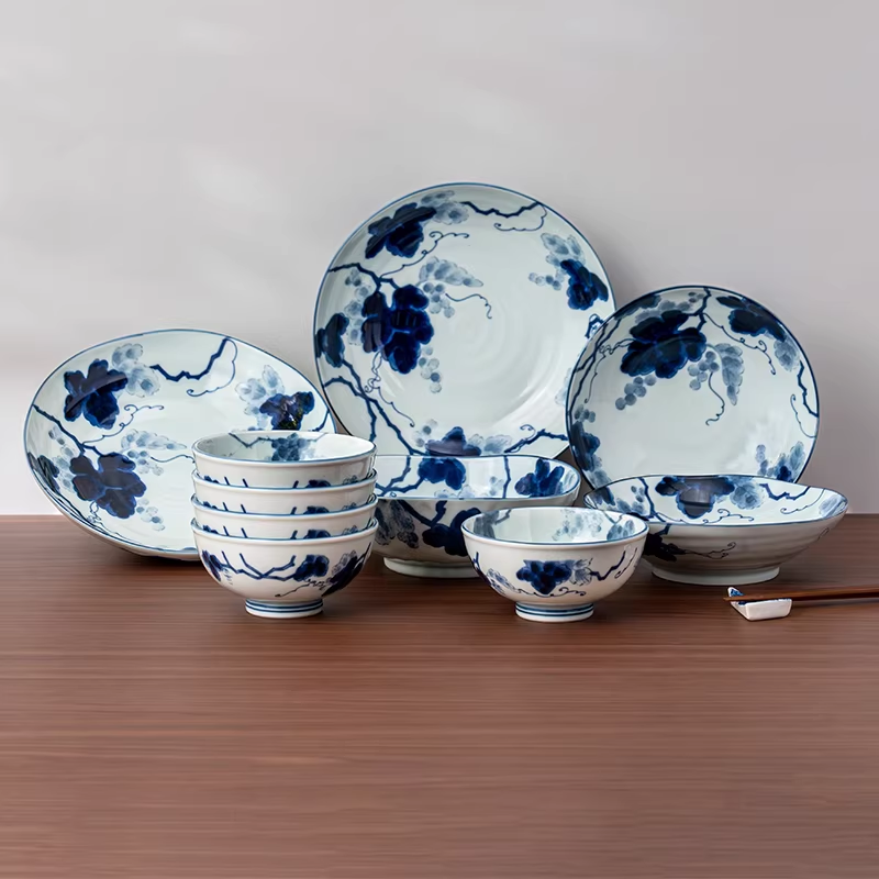 【king哥推荐】美浓烧染付葡萄米饭碗盘餐具日式大盘釉下彩10件套,餐饮具,餐具瓷器套装,淘宝优惠券,粉丝福利购,淘宝优惠卷