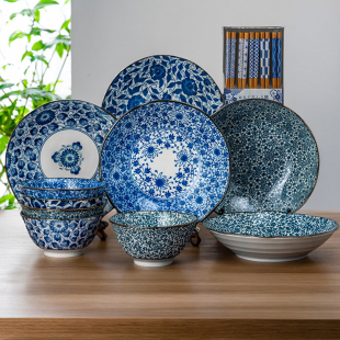 MinoYaki美浓烧 古染碗盘筷15件套日本进口碗具餐盘家用餐具套装